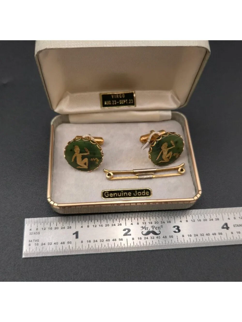 Vintage Swank Virgo Jade Stone Cufflinks and Tie Clip Set B1352